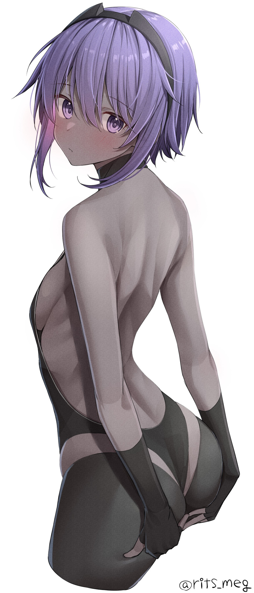 1girl absurdres arched_back arms_behind_back ass ass_grab backless_leotard bangs bare_back bare_shoulders black_gloves black_legwear breasts closed_mouth cropped_legs dark-skinned_female dark_skin eyebrows_visible_through_hair fate/prototype fate/prototype:_fragments_of_blue_and_silver fate_(series) fingerless_gloves from_side gloves grabbing_own_ass hair_between_eyes hairband hands_on_own_ass hassan_of_serenity_(fate) highres looking_at_viewer looking_back purple_eyes purple_hair rits_(apud8788) short_hair sideboob simple_background small_breasts solo twitter_username white_background