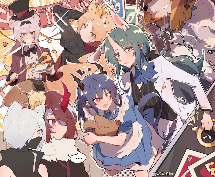 ... 1boy 6+girls alice_(alice_in_wonderland) alice_(alice_in_wonderland)_(cosplay) alice_in_wonderland animal_ears apron arknights ascot aunt_and_niece black_hairband black_headwear black_mask black_neckwear blue_dress blue_eyes blue_hair blue_neckwear bow bowtie brown_jacket center_frills ch'en_(arknights) closed_mouth commentary_request cosplay crown cup dragon_girl dragon_horns dragon_tail dress earrings eyebrows_visible_through_hair fang ferret_ears flower formal frills furry furry_male green_eyes green_hair hair_flower hair_ornament hairband hat highres holding holding_cup horns hoshiguma_(arknights) husband_and_wife jacket jewelry kyou_039 lin_yuhsia_(arknights) long_hair looking_at_viewer mad_hatter_(alice_in_wonderland) mad_hatter_(alice_in_wonderland)_(cosplay) mask mini_crown mouse_ears mouse_girl mouth_mask multiple_girls ninja ninja_mask oni oni_horns open_mouth parted_lips pink_hair pointy_ears princess_fumizuki_(arknights) rabbit_ears red_eyes shirayuki_(arknights) shirt short_hair sigh single_horn skin_fang smile spade_(shape) spade_earrings sparkle speech_bubble spoken_ellipsis star_(symbol) stoat_girl suit suit_jacket swire_(arknights) tail teacup tiger_ears tiger_girl top_hat twitter_username uncle_and_niece uno_(game) waistcoat wei_yenwu_(arknights) white_apron white_hair white_jacket white_rabbit_(alice_in_wonderland) white_rabbit_(alice_in_wonderland)_(cosplay) white_shirt
