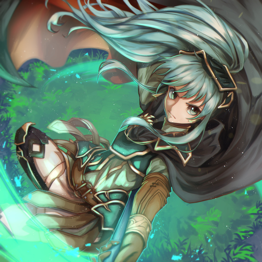 1girl alternate_costume alternate_hairstyle aqua_eyes aqua_hair armor bangs breastplate brown_gloves cape closed_mouth cosplay earrings eirika_(fire_emblem) ekum8854 ephraim_(fire_emblem) ephraim_(fire_emblem)_(cosplay) fire_emblem fire_emblem:_the_sacred_stones fire_emblem_heroes gloves hair_ornament highres holding holding_weapon jewelry lance long_hair official_alternate_costume polearm ponytail sidelocks skirt solo thighhighs weapon