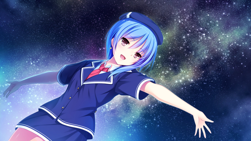 1girl :d bangs blue_hair blue_headwear blue_jacket blue_skirt brown_eyes collared_shirt cowboy_shot dutch_angle eyebrows_visible_through_hair game_cg hair_between_eyes highres hoshi_ori_yume_mirai jacket koizumi_amane medium_hair miniskirt necktie night official_art open_mouth ousaka_sora outdoors outstretched_arms outstretched_hand pencil_skirt red_neckwear shiny shiny_hair shirt short_sleeves skirt sky smile solo standing star_(sky) starry_sky white_shirt wing_collar