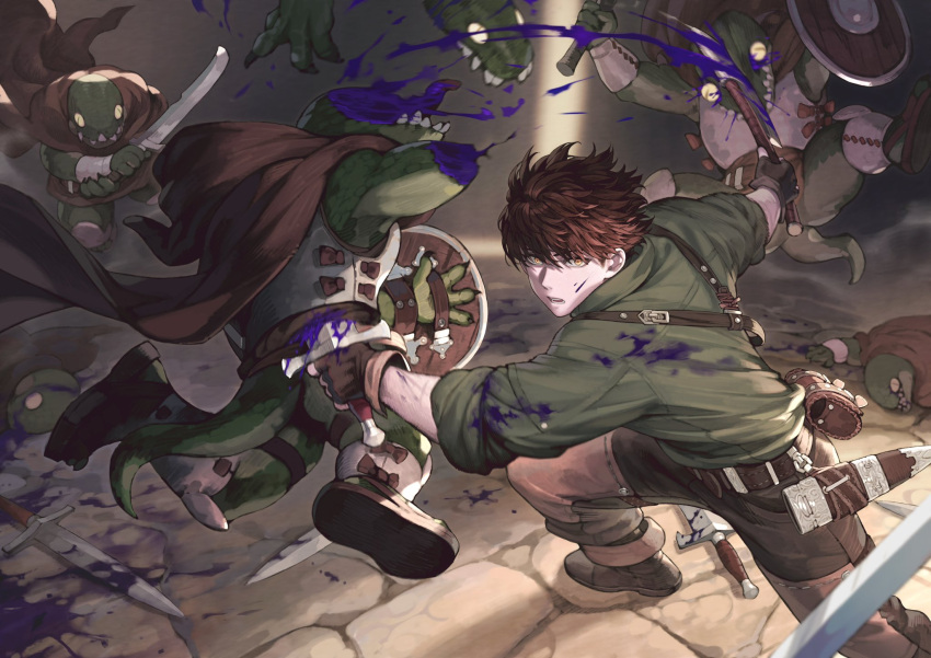 1boy axe bandolier battle belt belt_pouch blood blood_on_clothes blood_on_face blood_on_weapon blood_splatter blue_blood boots brown_hair commentary_request decapitation dual_wielding fighting gloves harten_sieg_filbrio highres holding holding_axe holding_sword holding_weapon jun_(seojh1029) light monster original pouch severed_head severed_limb shadow sheath shield short_hair sleeves_rolled_up stone_floor sword weapon yellow_eyes