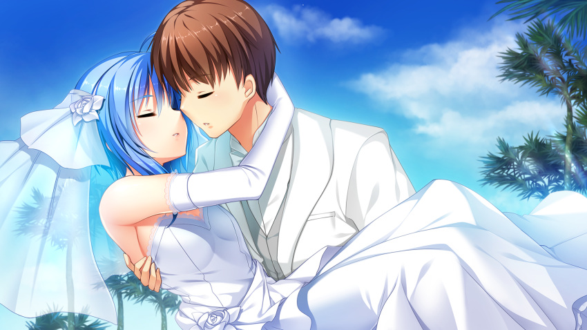 1boy 1girl ahoge blue_hair blue_sky breasts brown_hair carrying closed_eyes cloud couple day dress dress_shirt elbow_gloves flower game_cg gloves grey_vest hair_flower hair_ornament hetero highres hino_ryousuke hoshi_ori_yume_mirai husband_and_wife imminent_kiss jacket koizumi_amane long_dress medium_hair official_art ousaka_sora outdoors palm_tree parted_lips princess_carry shiny shiny_hair shirt short_hair sky sleeveless sleeveless_dress small_breasts strapless strapless_dress sunlight tree vest wedding_dress white_dress white_flower white_gloves white_jacket white_shirt