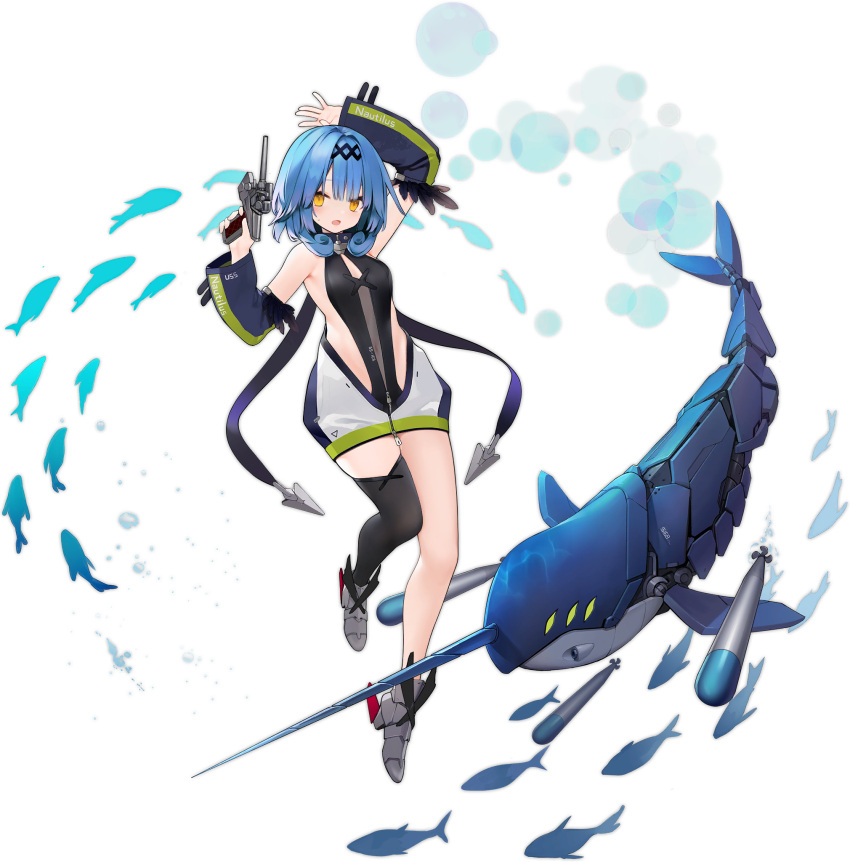 1girl arm_behind_head azur_lane black_legwear black_swimsuit blue_hair breasts detached_sleeves expressions gun highres holding holding_gun holding_weapon mechanical_animal medium_hair narwhal nautilus_(azur_lane) official_art one-piece_swimsuit rudder_footwear single_thighhigh skin_tight small_breasts solo suisai swimsuit thighhighs transparent_background underwater weapon yellow_eyes