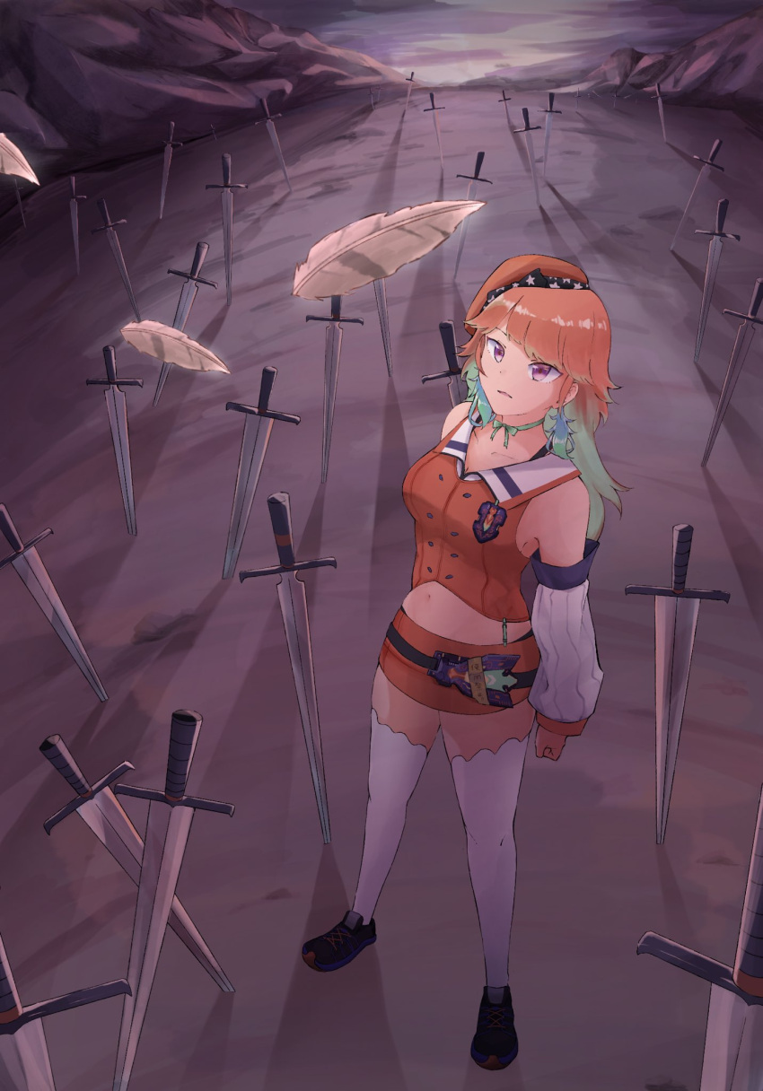 1girl bangs belt breasts choker crop_top detached_sleeves earrings falling_feathers feather_earrings feathers field_of_blades full_body gradient_hair green_hair hat highres hololive hololive_english jewelry kogawa_u long_hair looking_ahead looking_up miniskirt multicolored_hair orange_hair orange_headwear orange_shirt orange_skirt pink_eyes planted planted_sword shadow shirt skirt solo suspenders sword takanashi_kiara thighhighs two-tone_hair virtual_youtuber wasteland weapon white_legwear zettai_ryouiki