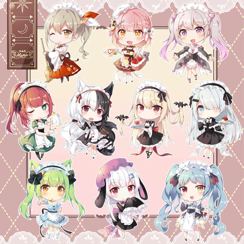 6+girls :o aki_rinco alice_mana alice_mana_channel animal_ear_fluff animal_ears apple apron bat_hair_ornament black_bow black_hair blonde_hair bow broom brown_eyes brown_hair cake chaodian chibi chucolala coffee_cup coffee_pot cookie cup disposable_cup enfer_mirei eyebrows_visible_through_hair food fox_ears fruit green_hair hair_ornament hair_over_one_eye hair_ribbon hairband hat heart highres hinata_cocomi hiseki_erio indie_virtual_youtuber kitsune koala komori_chiyu light_brown_hair long_hair looking_at_viewer maid maid_apron maid_headdress multicolored_hair multiple_girls noir_(noworld) noworld omurice one_eye_closed open_mouth orange_eyes pink_eyes pink_hair ponytail project-sp pudding_(project-sp) red_eyes ribbon shiina_nanoha shiro_kuma_shake silver_hair smile tomato_juice twintails two-tone_hair virtual_youtuber white_hair xinyue_bingbing