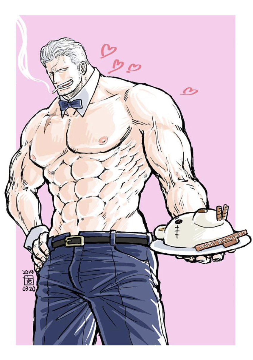 1boy :d abs alternate_costume bara beard belt black_belt blue_pants cake cigar denim detached_collar facial_hair feet_out_of_frame food hand_on_hip heart highres holding holding_cake holding_food jeans kokorozashi large_pectorals male_focus mature_male muscular muscular_male navel nipples one_piece open_mouth pants pectorals pink_background scar scar_on_chest shirtless short_hair sideburns smile smoke smoker_(one_piece) smoking solo stomach stubble veins waiter white_hair wrist_cuffs