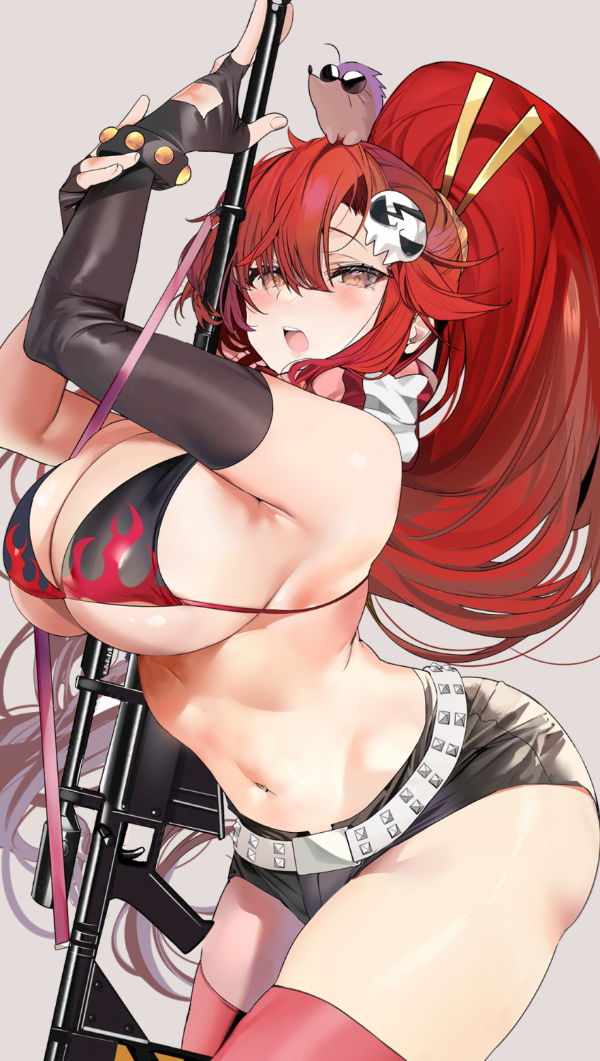 1girl animal anti-materiel_rifle ass asymmetrical_gloves bangs bare_shoulders belt bikini bikini_top black_gloves black_shorts blush boota_(ttgl) breasts brown_eyes cleavage commentary duplicate elbow_gloves fingerless_gloves gloves gun hair_ornament highres large_breasts long_hair looking_at_viewer marushin_(denwa0214) midriff navel open_mouth orange_eyes pink_legwear pixel-perfect_duplicate ponytail red_hair red_legwear rifle scarf short_shorts shorts sidelocks sniper_rifle solo swimsuit teeth tengen_toppa_gurren_lagann thighhighs thighs uneven_gloves weapon yoko_littner