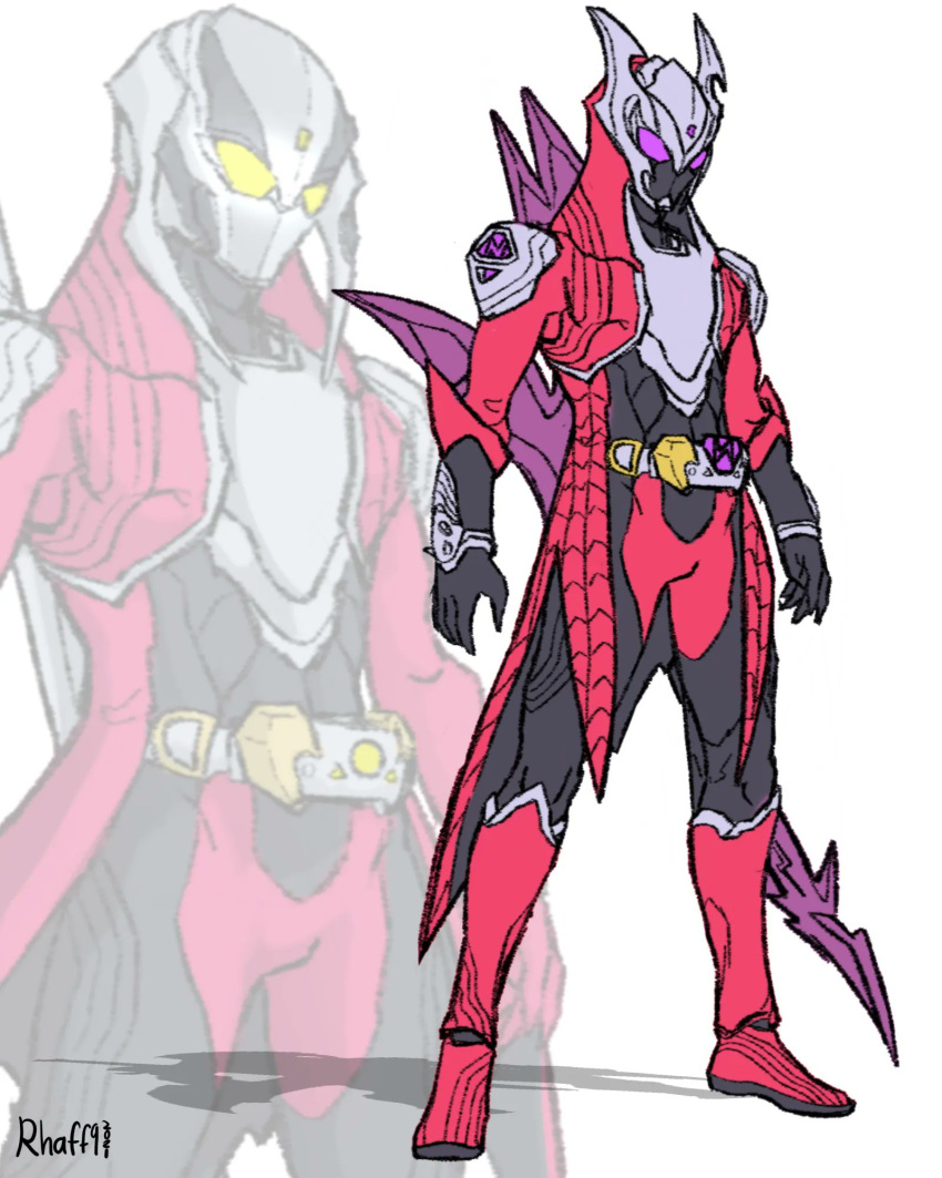 1boy adapted_costume alternate_costume armor bat belt commentary crossover dante_(devil_may_cry) devil_may_cry_(series) devil_may_cry_3 devil_trigger helmet highres kamen_rider mask nevan purple_eyes rider_belt sketch to_ze transformation weapon