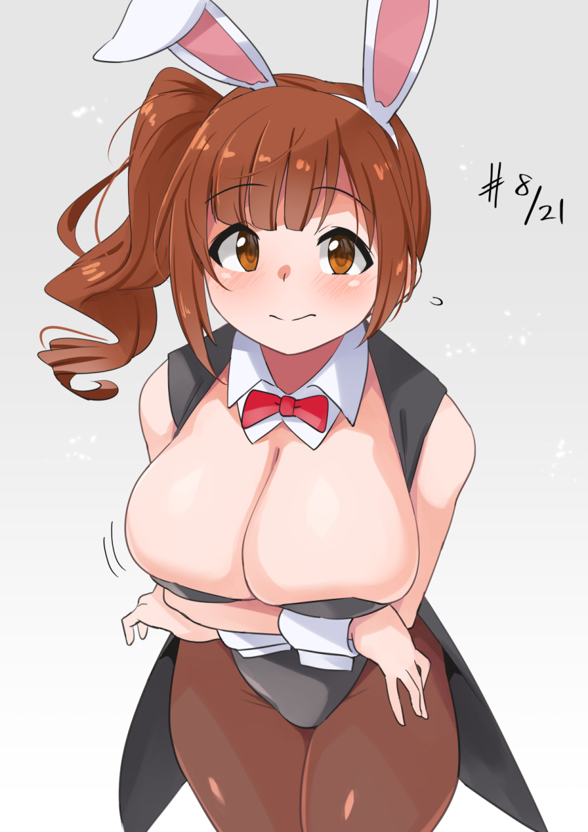 1girl animal_ears arms_under_breasts bangs black_leotard bow bowtie breasts brown_eyes brown_hair brown_legwear cleavage crossed_arms dated detached_collar eyebrows_visible_through_hair fake_animal_ears highres idolmaster idolmaster_cinderella_girls igarashi_kyoko large_breasts leotard long_hair looking_at_viewer pantyhose playboy_bunny rabbit_ears red_neckwear smile solo strapless strapless_leotard wrist_cuffs yuuichi_(reductionblack)