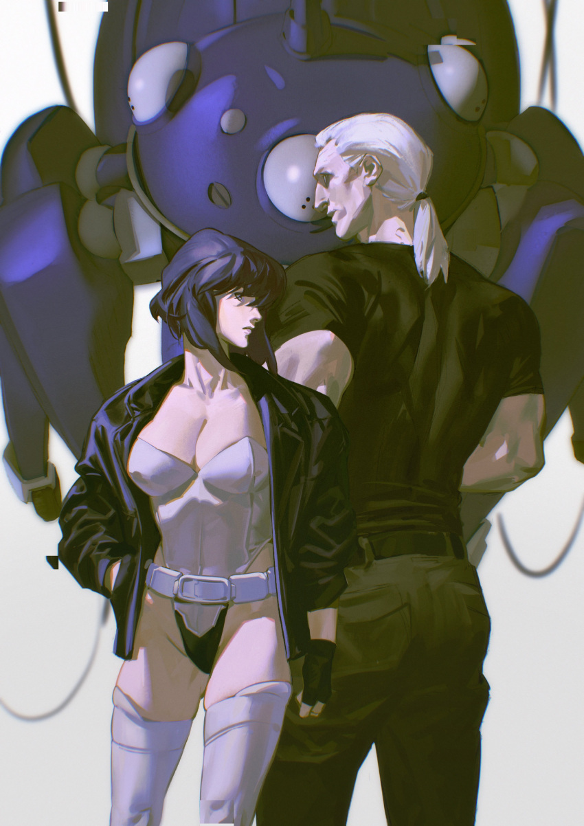 1boy 1girl absurdres artificial_eyes back-to-back bangs batou belt black_belt black_gloves black_jacket black_shirt collarbone facing_away facing_viewer fingerless_gloves ghost_in_the_shell ghost_in_the_shell_stand_alone_complex gloves green_pants hand_in_pocket highleg highleg_leotard highres jacket kusanagi_motoko leather leather_jacket leotard looking_to_the_side muscular muscular_male myownpaladise open_clothes open_jacket pants ponytail purple_hair robot shirt short_hair skindentation t-shirt tachikoma thighhighs white_belt white_hair white_legwear white_leotard