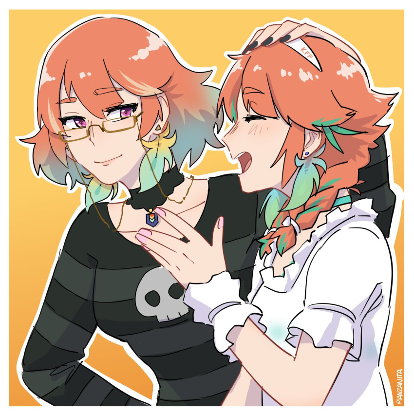 2girls black_nails braid closed_eyes crmanzana earrings eyewear_chain feather_earrings feathers glasses gradient_hair headpat highres hololive hololive_english jewelry mother_and_daughter multicolored_hair multiple_girls open_mouth orange_hair semi-rimless_eyewear shirt striped striped_shirt takanashi_kiara takanashi_kiara's_mother twin_braids under-rim_eyewear virtual_youtuber
