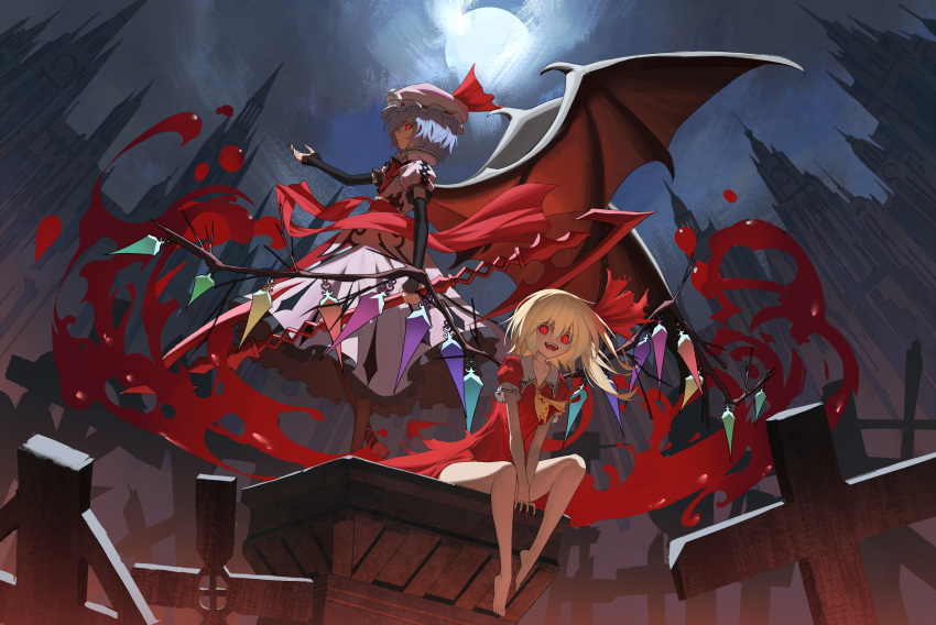 2girls absurdres arm_up ascot bangs barefoot belt black_gloves blonde_hair blood blue_hair brown_legwear closed_mouth cloud cloudy_sky collar crystal dress elbow_gloves eyebrows_visible_through_hair flandre_scarlet gloves hair_between_eyes hair_ribbon hand_up hat hat_ribbon highres holding holding_polearm holding_spear holding_weapon iranon_(new_iranon) jewelry koumajou_densetsu looking_at_another looking_at_viewer mansion mob_cap moon moonlight multiple_girls night night_sky no_hat no_headwear one_side_up open_mouth pantyhose pink_dress pink_headwear polearm puffy_short_sleeves puffy_sleeves red_belt red_dress red_eyes red_footwear red_ribbon remilia_scarlet ribbon shoes short_hair short_sleeves siblings sisters sitting sky smile spear spear_the_gungnir standing teeth touhou weapon wings yellow_neckwear