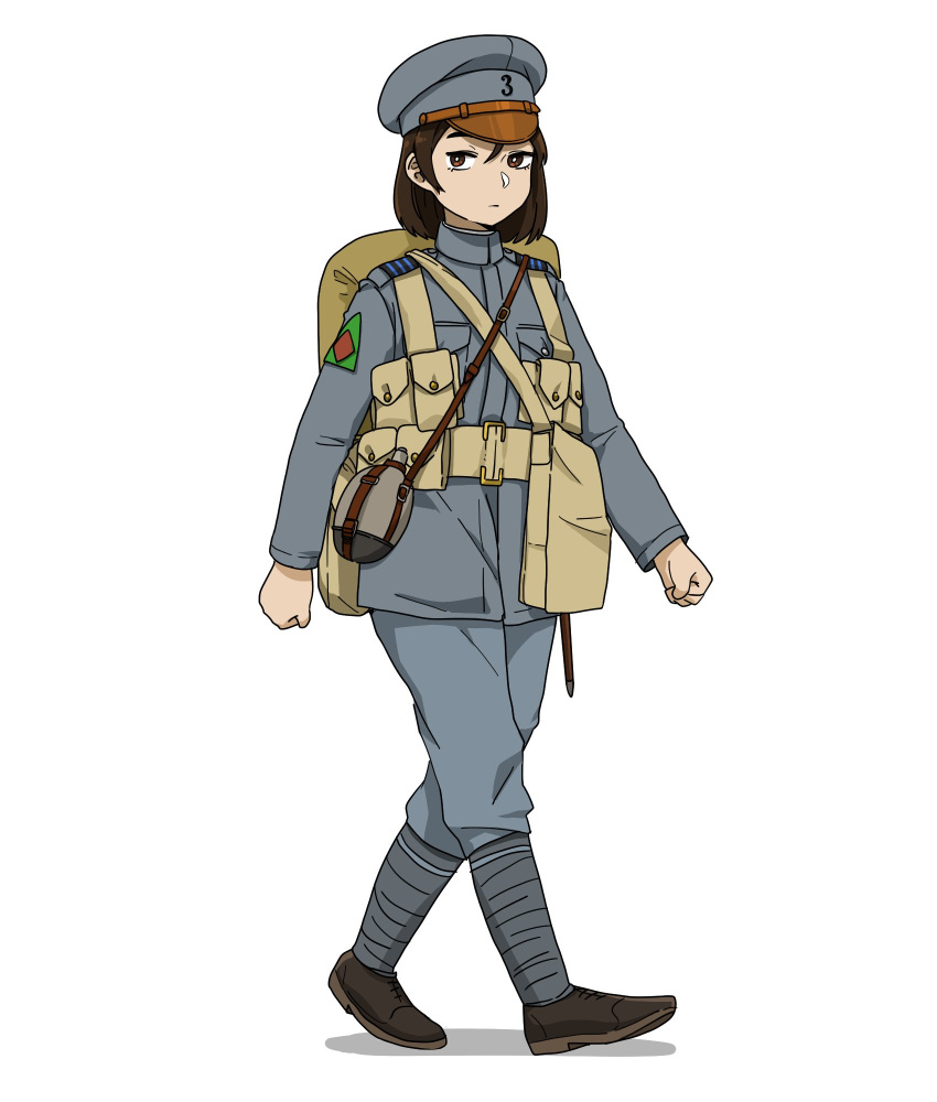 1girl anyan_(jooho) backpack bag brown_eyes brown_footwear brown_hair canteen english_commentary full_body grey_cat grey_jacket grey_pants highres jacket leg_wrap load_bearing_vest long_sleeves looking_at_viewer military military_uniform original pants portuguese_army short_hair simple_background solo straight_hair uniform walking white_background world_war_i