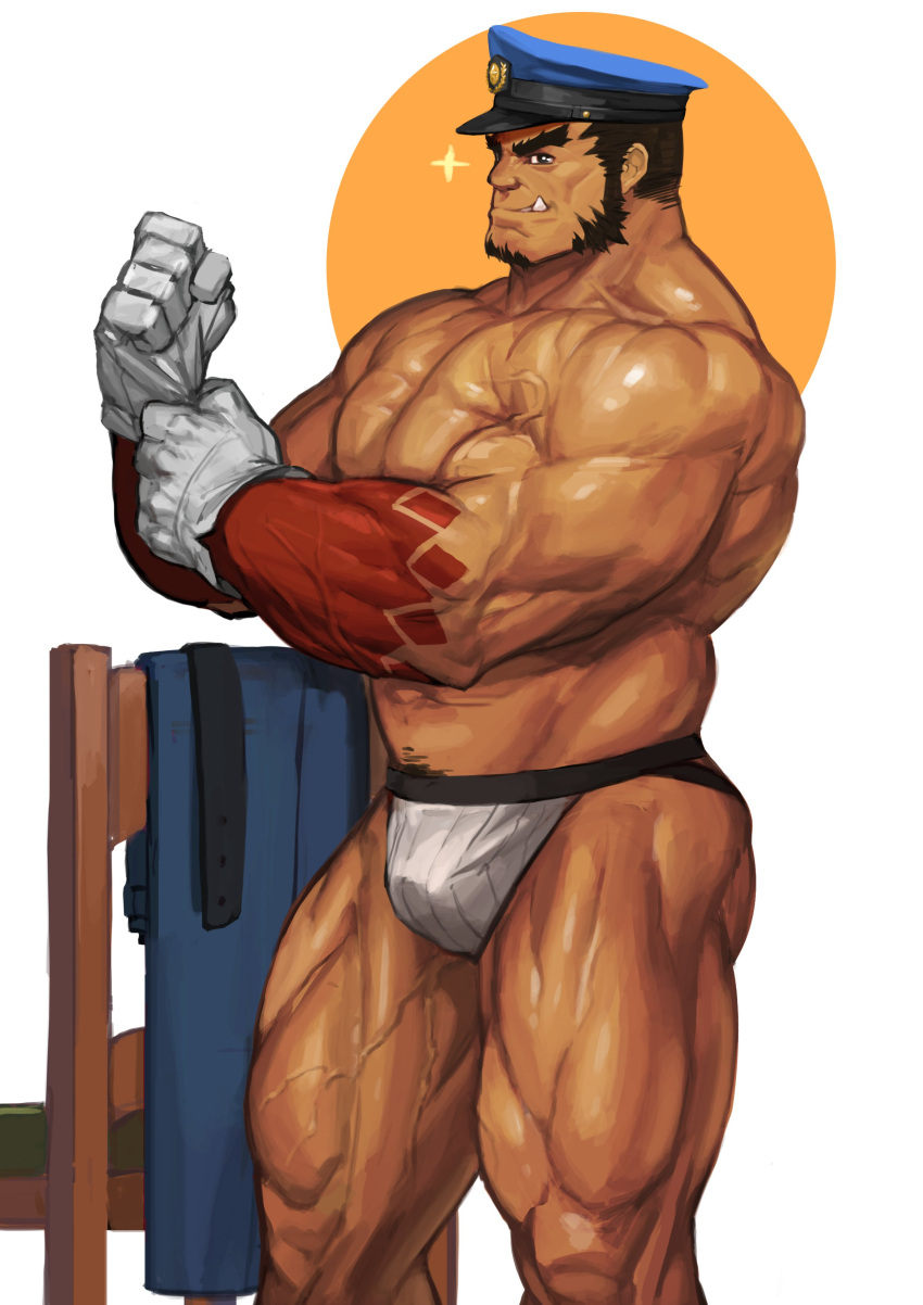 1boy absurdres alternate_skin_color bara belt belt_removed bulge dark-skinned_male dark_skin fang feet_out_of_frame forked_eyebrows gloves hachimaki hat headband highres jockstrap kimono_removed large_pectorals long_sideburns male_cleavage male_focus male_underwear mature_male muscular muscular_male nejiri_hachimaki official_alternate_costume open_clothes open_shirt pectorals police police_hat police_uniform print_male_underwear short_hair sideburns solo sparkle striped tajikarao_(tokyo_houkago_summoners) thick_thighs thighs tokyo_houkago_summoners traver009 underwear underwear_only undressing uniform veins white_gloves white_male_underwear