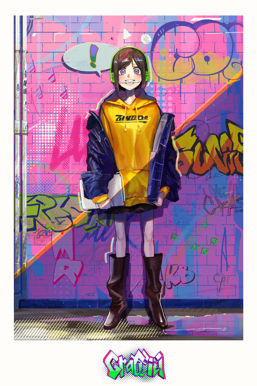 ! 1girl absurdres bangs black_skirt blue_eyes blue_jacket blush bob_cut boots brick_wall brown_eyes brown_footwear commentary drainpipe drawstring eyelashes full_body graffiti headphones highres holding holding_tablet_pc hood hood_down hoodie huge_filesize jacket kakakanokaminari knee_boots looking_at_viewer mouth_hold multicolored_hair off_shoulder original parted_bangs pink_background puddle red_hair shadow short_hair skirt speech_bubble standing streaked_hair stylus tablet_pc teeth_hold yellow_hoodie