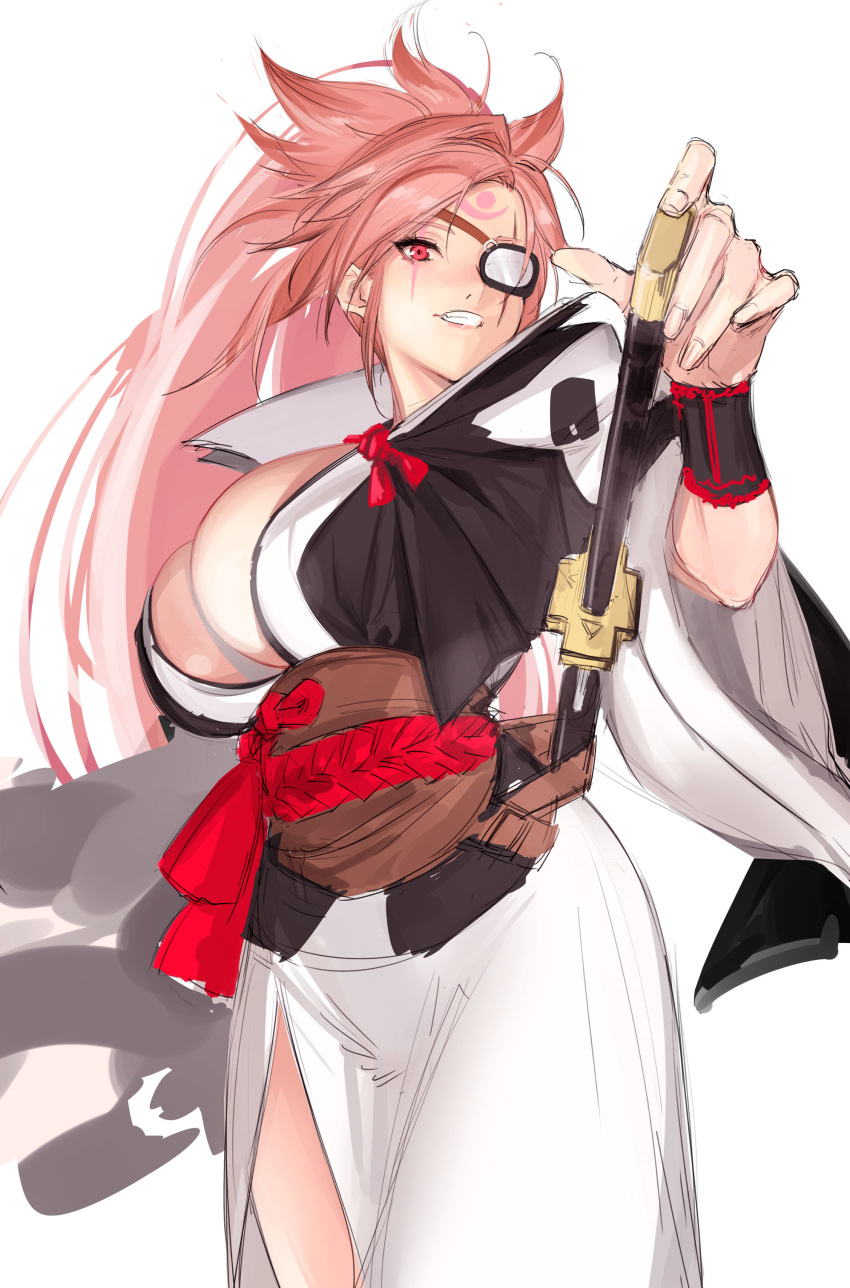 1girl absurdres baiken blush breasts cleavage eyepatch facial_mark forehead_mark grin guilty_gear guilty_gear_xrd highres katana long_hair looking_at_viewer pink_hair ponytail red_eyes sash sheath sheathed simple_background sketch smile solo sword tetsu_(kimuchi) weapon white_background