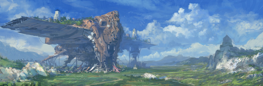 aircraft bird blue_sky broken building cliff cloud day faux_traditional_media highres hwanggyu_kim landscape machinery mountain no_humans original outdoors overgrown road rural scenery science_fiction sky village