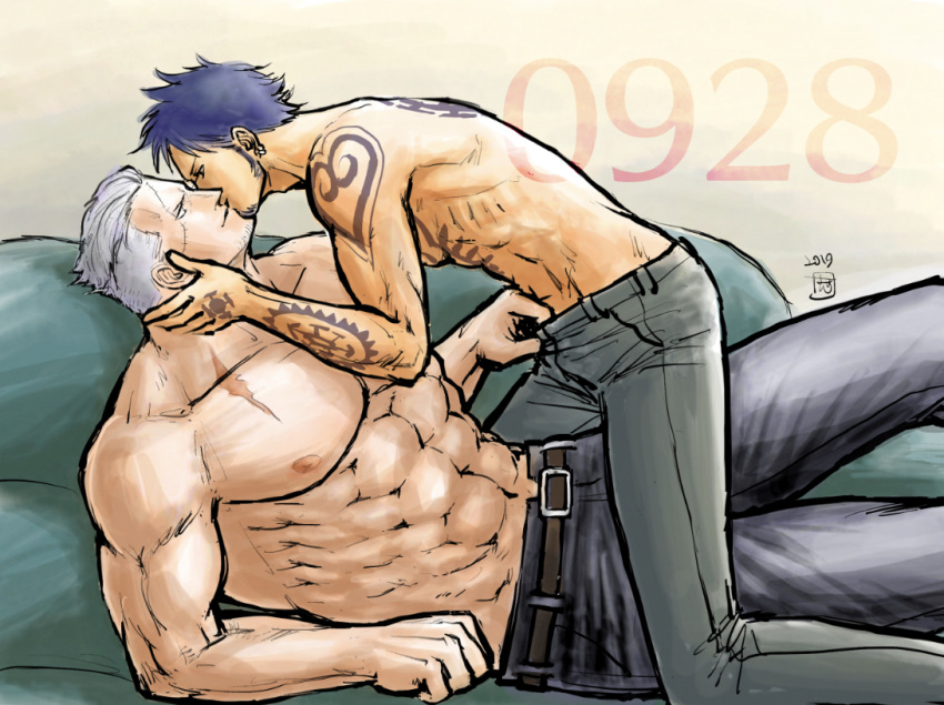 2boys bara beard black_hair black_pants black_shirt clothes_pull couch couple denim facial_hair goatee jeans kiss kokorozashi large_pectorals long_sideburns male_focus mature_male multiple_boys muscular muscular_male on_couch one_piece pants pants_pull pectorals pulled_by_another scar scar_on_chest shirt shirtless short_hair sideburns smile smoker_(one_piece) stubble trafalgar_law undressing_another white_hair yaoi