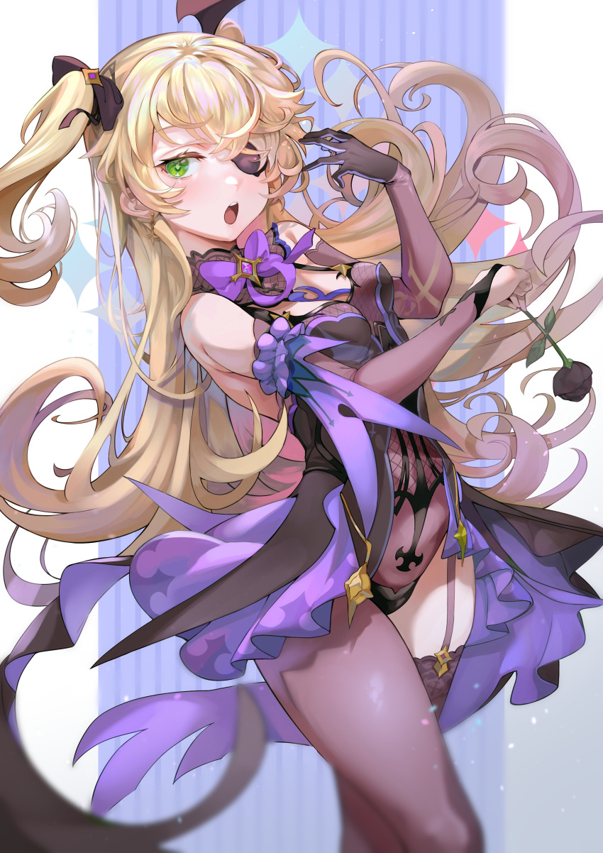 1girl absurdres bangs bare_shoulders blonde_hair breasts detached_sleeves eyepatch fischl_(genshin_impact) floating_hair flower garter_straps genshin_impact gloves green_eyes highres leotard long_hair medium_breasts one_eye_covered open_mouth rose sharekoube skirt solo thighhighs two_side_up