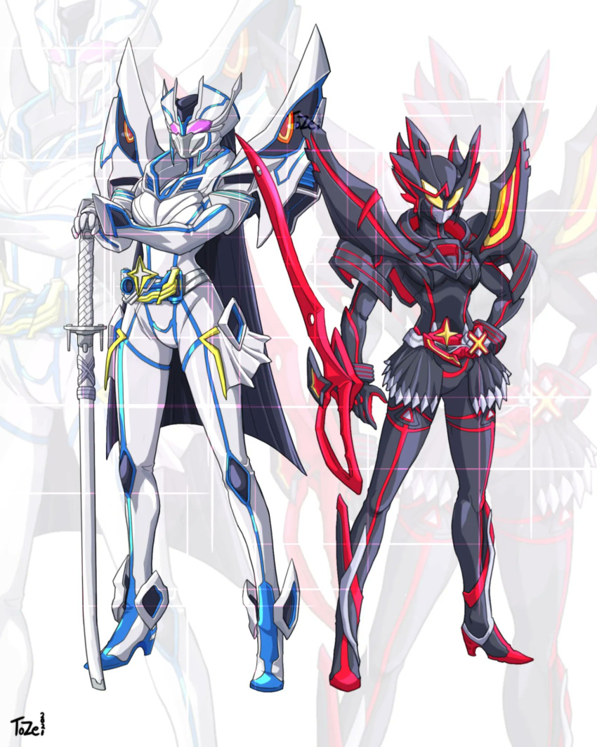 2girls adapted_costume alternate_costume arm_blade armor armored_dress bakuzan belt black_hair boots breastplate commentary crossover english_commentary epaulettes fusion gloves hand_on_hilt hat helmet high_heels highres holding holding_sword holding_weapon junketsu kamen_rider kamui_(kill_la_kill) katana kill_la_kill kiryuuin_satsuki life_fiber long_hair mask matoi_ryuuko multiple_girls pauldrons pink_eyes pleated_skirt rider_belt school_uniform scissor_blade senketsu serafuku shako_cap shoulder_armor skirt standing sword thigh_boots thighhighs to_ze weapon yellow_eyes