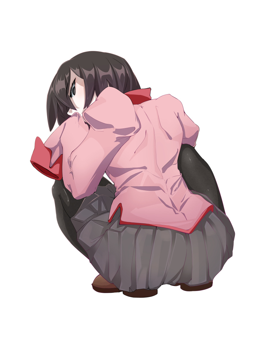 1girl absurdres arms_on_knees bangs black_eyes black_hair black_legwear brown_footwear commentary curled_up downcast_eyes empty_eyes eyelashes from_behind full_body grey_skirt highres knees_apart_feet_together leaning_forward loafers long_sleeves looking_at_viewer looking_back looking_down monogatari_(series) naoetsu_high_school_uniform oshino_ougi pale_skin pantyhose pink_shirt pleated_skirt puffy_sleeves school_uniform shirt shoes shumazarashi simple_background skirt sleeves_past_fingers sleeves_past_wrists solo squatting turning_head white_background