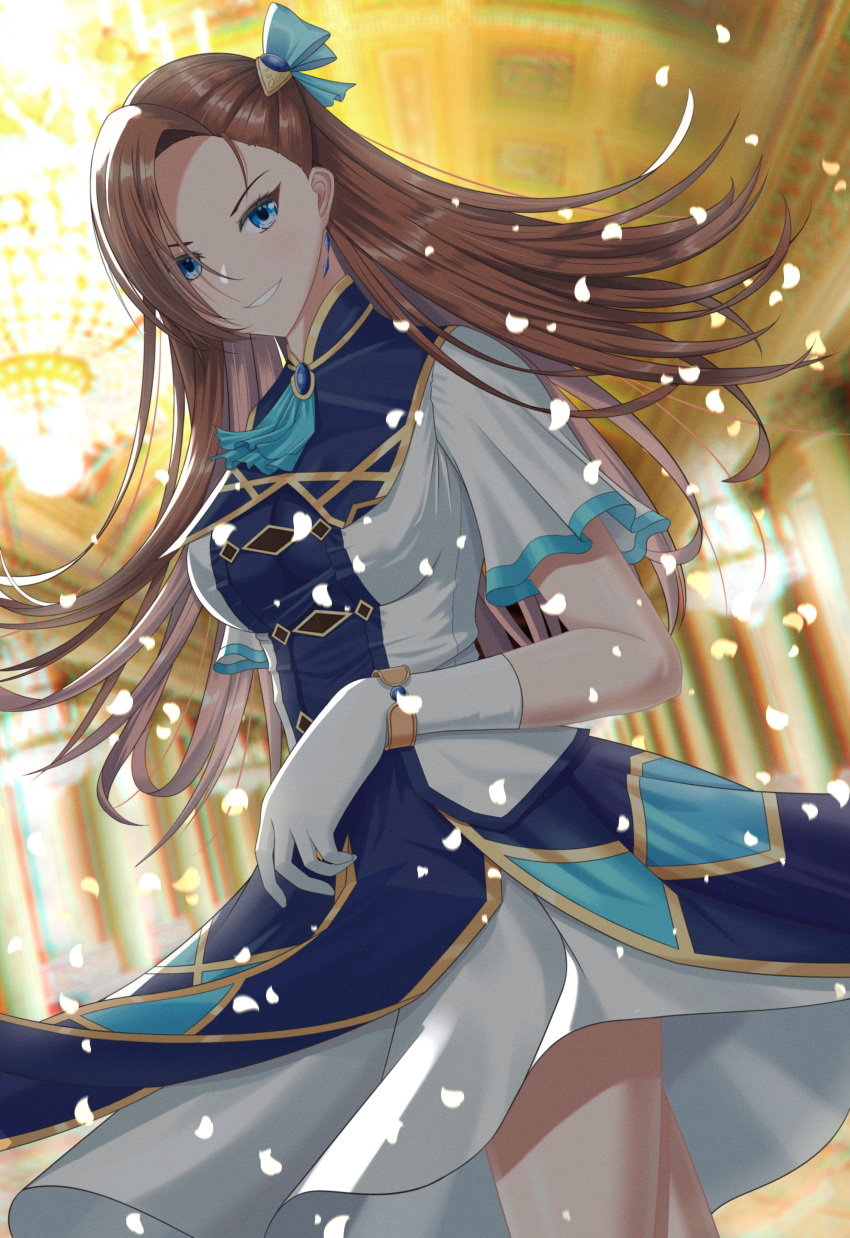 1girl absurdres blue_dress blue_eyes blue_ribbon brown_hair chandelier commentary_request dress dutch_angle earrings gloves hair_ribbon highres huge_filesize indoors jewelry katarina_claes long_hair looking_at_viewer multicolored multicolored_clothes multicolored_dress otome_game_no_hametsu_flag_shika_nai_akuyaku_reijou_ni_tensei_shite_shimatta petals ribbon smile solo suzhi2333 white_dress white_gloves