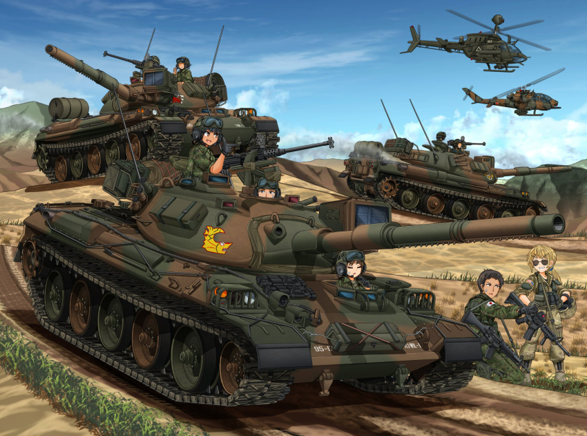 1boy 5girls ah-1_cobra aircraft assault_rifle blue_sky browning_m2 camouflage_print eyewear_on_headwear goggles goggles_on_head ground_vehicle gun hat helicopter helmet highres holding holding_gun holding_weapon howa_type_89 m4_carbine mikeran_(mikelan) military military_hat military_uniform military_vehicle motor_vehicle multiple_girls original rifle sky sunglasses tank type_74 uniform vehicle_request weapon weapon_request