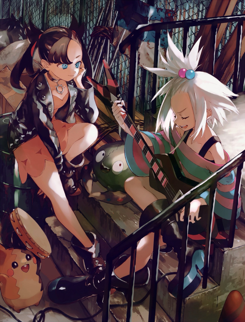 2girls :d ankle_boots asymmetrical_bangs bangs bass_guitar black_footwear black_hair black_jacket blue_eyes boots choker closed_eyes closed_mouth collarbone commentary_request dress eyelashes fence gen_5_pokemon gen_8_pokemon hair_bobbles hair_ornament hair_ribbon hand_up highres holding holding_instrument instrument jacket looking_at_another marnie_(pokemon) morpeko morpeko_(full) multiple_girls music open_clothes open_jacket open_mouth orange_mikan pink_dress platform_boots playing_instrument pokemon pokemon_(creature) pokemon_(game) pokemon_bw2 pokemon_swsh red_ribbon ribbon roxie_(pokemon) sitting smile spiked_hair stairs striped striped_dress tambourine teeth tongue topknot trubbish two-tone_dress white_hair