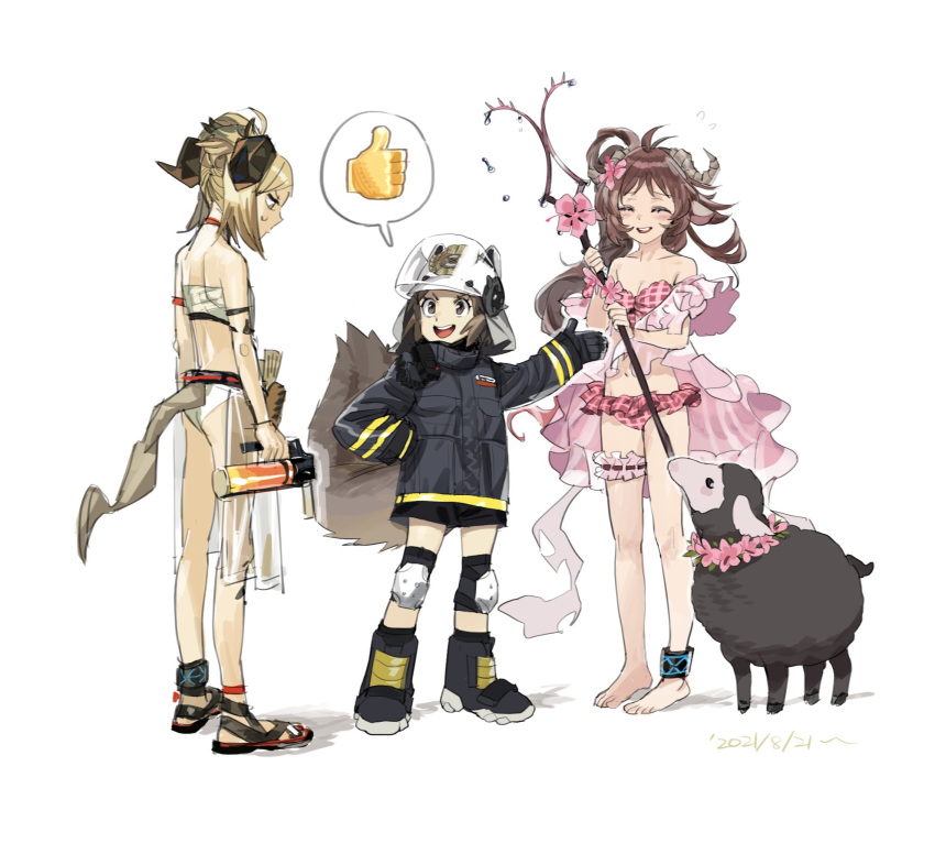 3girls animal_ears anklet arknights barefoot barefoot_sandals bikini black_sheep blonde_hair boots brown_hair closed_eyes dated embarrassed emoji eyjafjalla_(arknights) eyjafjalla_(summer_flowers)_(arknights) fire_helmet fire_jacket firefighter flower flower_necklace frown hand_on_hip highres holding holding_staff horns ifrit_(arknights) ifrit_(sunburn)_(arknights) infection_monitor_(arknights) jacket jewelry knee_pads leg_garter long_hair multiple_girls necklace off-shoulder_bikini off_shoulder official_alternate_costume open_mouth oripathy_lesion_(arknights) pink_bikini pink_flower pink_swimsuit plaid plaid_bikini platinum_blonde_hair sandals shaw_(arknights) sheep sheep_ears sheep_girl sheep_horns simple_background sketch squirrel_girl squirrel_tail staff sweatdrop swimsuit tail thumbs_up torch white_background white_bikini yuyanshu13