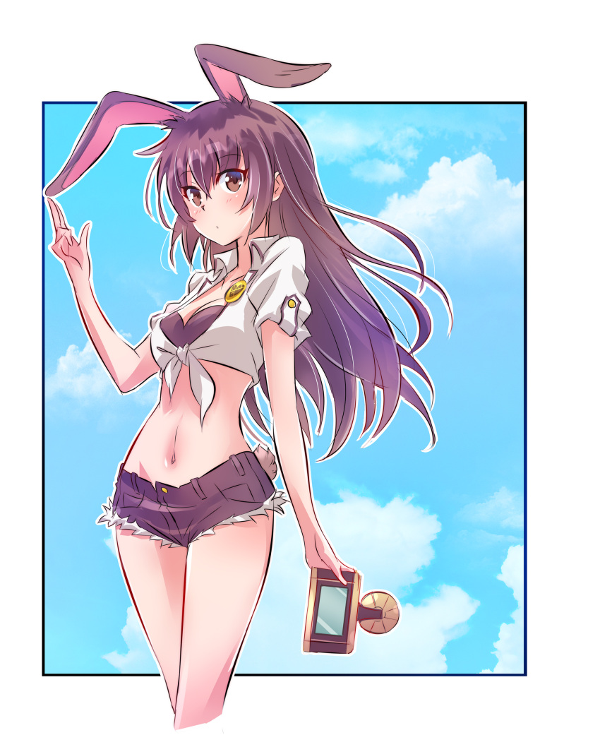 1girl absurdres animal_ears bangs bikini bikini_under_clothes border breasts brown_eyes brown_hair camera cleavage commentary_request crop_top cropped_legs denim denim_shorts hair_between_eyes highres holding holding_camera iesupa long_hair midriff navel rabbit_ears rabbit_girl rabbit_tail rwby shirt short_shorts shorts solo swimsuit tail tied_shirt velvet_scarlatina white_border