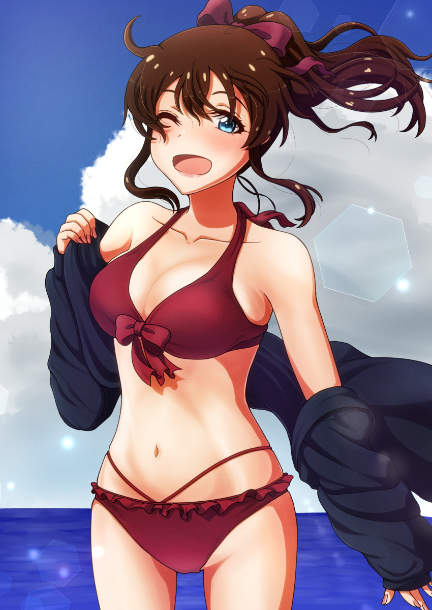 1girl bikini blue_eyes bow bow_bikini breasts brown_hair cleavage cloud cloudy_sky cowboy_shot highres idolmaster idolmaster_million_live! idolmaster_million_live!_theater_days kaberiemate lens_flare lens_flare_abuse long_hair looking_at_viewer medium_breasts navel ocean one_eye_closed ponytail red_bikini removing_jacket satake_minako sky smile solo swimsuit swimsuit_under_clothes