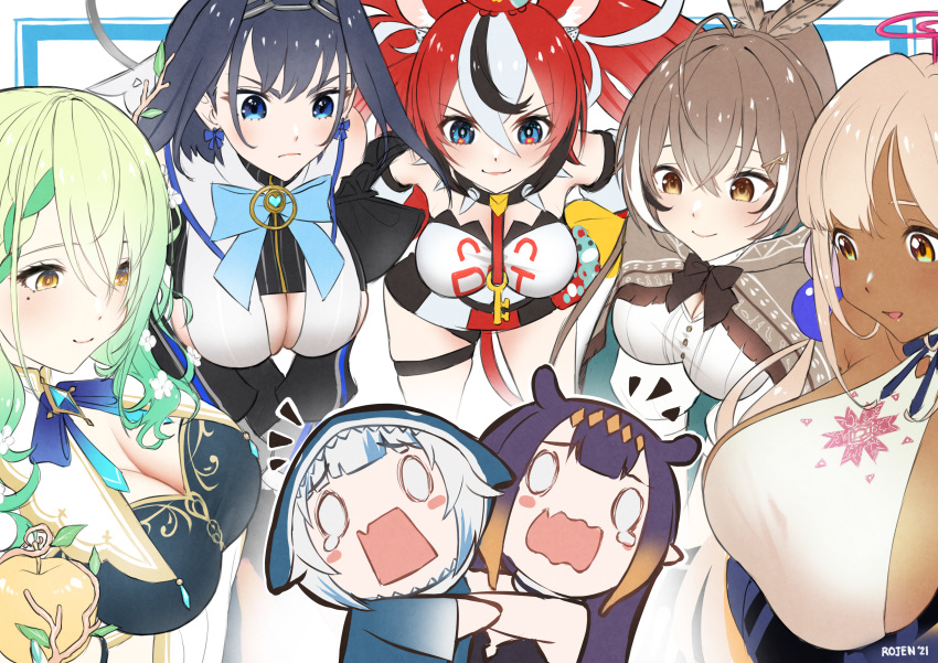 6+girls absurdres animal_ears bangs black_hair blonde_hair blue_eyes blue_hair blush breast_envy breasts brown_cloak brown_eyes brown_hair ceres_fauna cloak commentary dark-skinned_female dark_skin english_commentary eyebrows_behind_hair fang frown gawr_gura green_hair hakos_baelz halter_top halterneck highres holocouncil hololive hololive_english hug large_breasts medium_breasts mole mole_under_eye mouse_ears mouse_girl mr._squeaks_(hakos_baelz) multicolored_hair multiple_girls nanashi_mumei ninomae_ina'nis open_mouth ouro_kronii red_hair rojen_p scared sideboob silver_hair skin_fang smile streaked_hair tsukumo_sana v-shaped_eyebrows virtual_youtuber white_eyes yellow_eyes