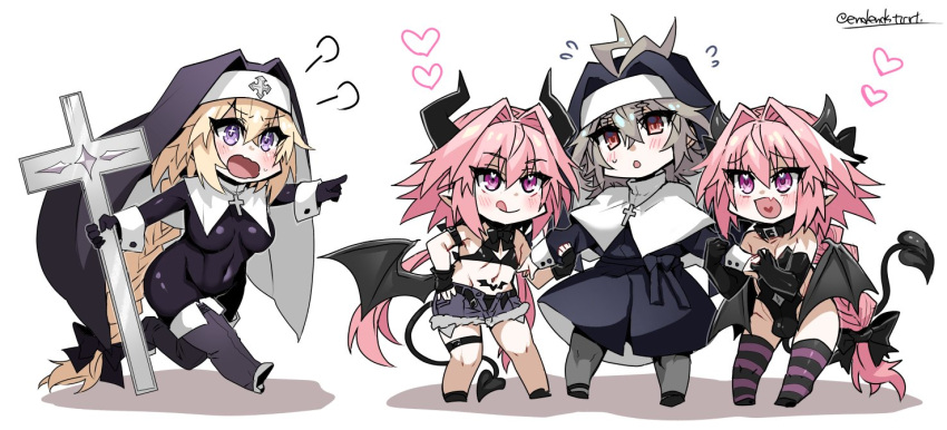 1girl 3boys ahoge artist_name astolfo_(fate) astolfo_(saber)_(fate) bare_shoulders belt blonde_hair blush bodysuit boots bow braid braided_ponytail breasts brown_eyes bulge chibi collar commentary_request covered_navel cross cross_necklace demon_boy demon_horns demon_tail demon_wings denim denim_shorts elbow_gloves eyebrows_visible_through_hair fang fate/apocrypha fate/grand_order fate_(series) flying_sweatdrops full_body gloves grey_hair habit hair_between_eyes hair_bow hair_through_headwear haoro heart high_heels holding holding_cross holding_hands horns jeanne_d'arc_(fate) jeanne_d'arc_(fate)_(all) jewelry large_breasts leotard licking_lips long_hair long_sleeves looking_at_another midriff multiple_boys navel necklace nun open_fly open_mouth otoko_no_ko pink_hair pointing pointy_ears pubic_tattoo purple_eyes running shadow shorts sieg_(fate) simple_background skin_fang standing striped striped_legwear tail tattoo thigh_boots thigh_strap thighhighs tongue tongue_out twintails twitter_username very_long_hair watermark white_background wings yaoi