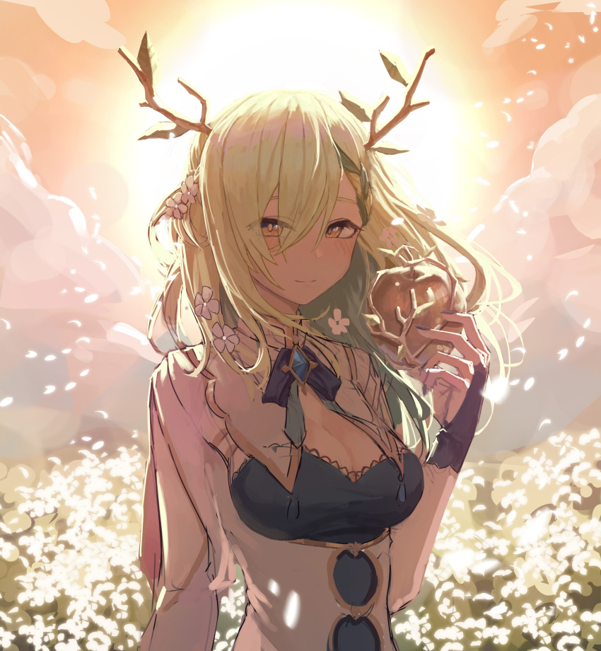 1girl absurdres apple bangs blue_bow bow branch breasts ceres_fauna cleavage deuljjugnaljjug eyebrows_visible_through_hair field flower flower_field food fruit green_hair highres holding holding_food holding_fruit hololive hololive_english long_hair looking_at_viewer medium_breasts smile solo virtual_youtuber yellow_eyes