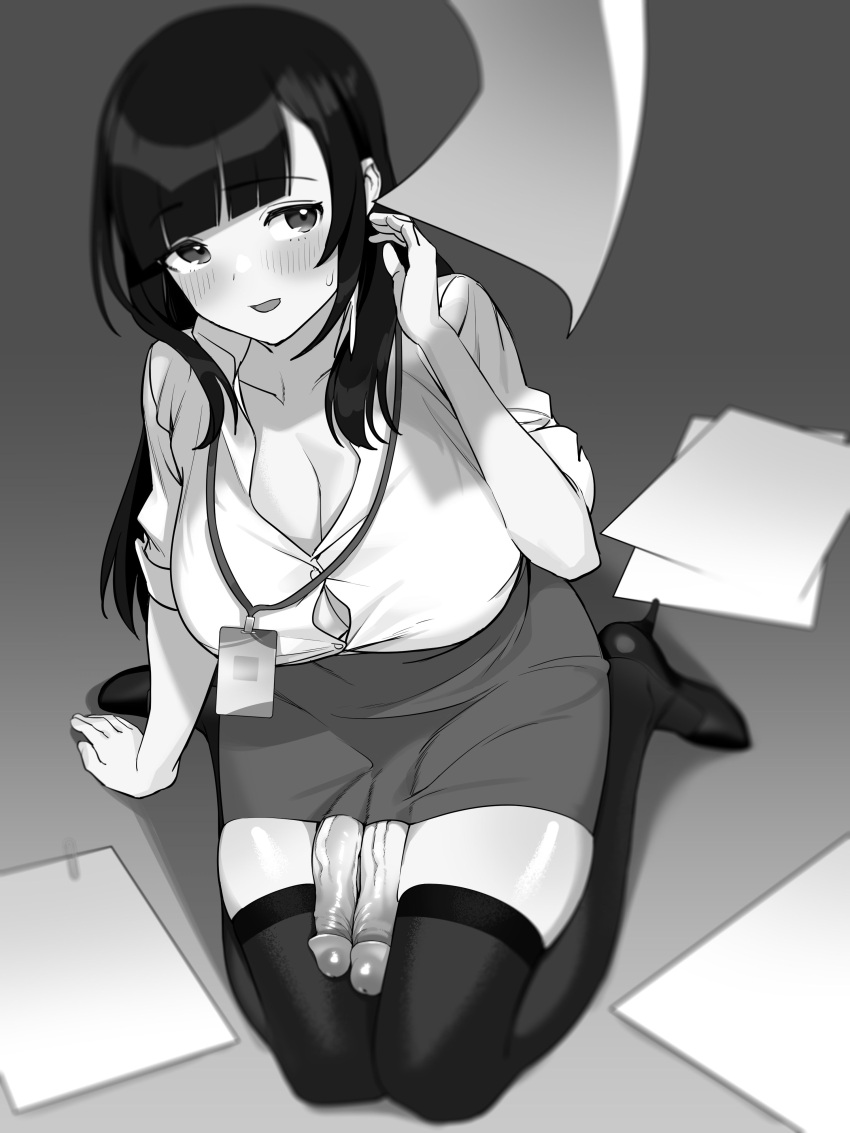 1girl absurdres badge bangs black_hair black_legwear blush breasts button_gap cleavage commentary diagonal_bangs dress_shirt extra_penises futanari gomu_(ujmu5458) greyscale highres lanyard large_breasts long_hair monochrome multiple_penises office_lady original paper partially_unbuttoned pencil_skirt penis shirt sitting skirt solo thighhighs uncensored yamada_miyu_(gomu) zettai_ryouiki