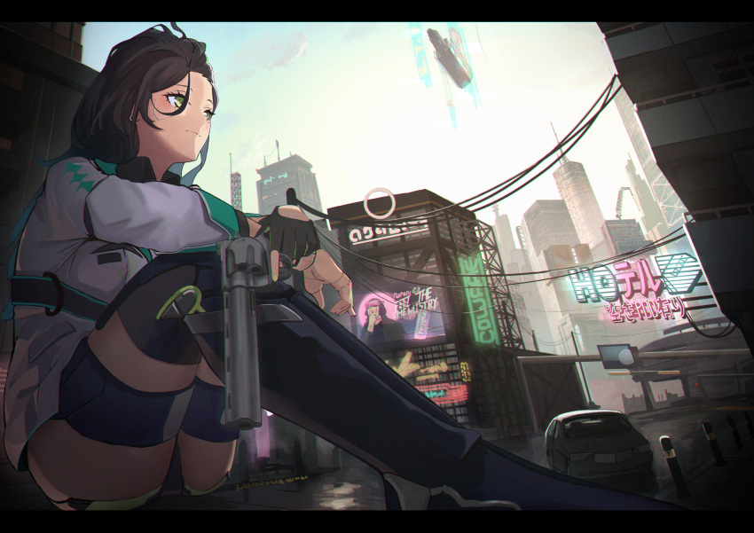 1girl ad arm_belt balcony belt black_gloves black_hair black_legwear blue_hair boots breasts building can car cityscape cloud cloudy_sky crane_(machine) crossed_arms day earrings eyelashes fingerless_gloves fingernails from_below giant giantess girls'_frontline gloves green_eyes ground_vehicle gun hair_between_eyes hanabusaraleigh highres holding holding_gun holding_weapon hologram jacket jewelry knee_boots knees_up large_breasts light_smile long_hair messy_hair mole mole_under_eye motor_vehicle multicolored_hair nail_polish neon_lights outdoors overpass parked_car power_lines python_(girls'_frontline) revolver road screen shorts sign single_glove sitting sky skyline skyscraper soda_can solo street suit_jacket thigh_strap thighhighs tower trigger_discipline two-tone_hair wall weapon white_jacket yellow_nails