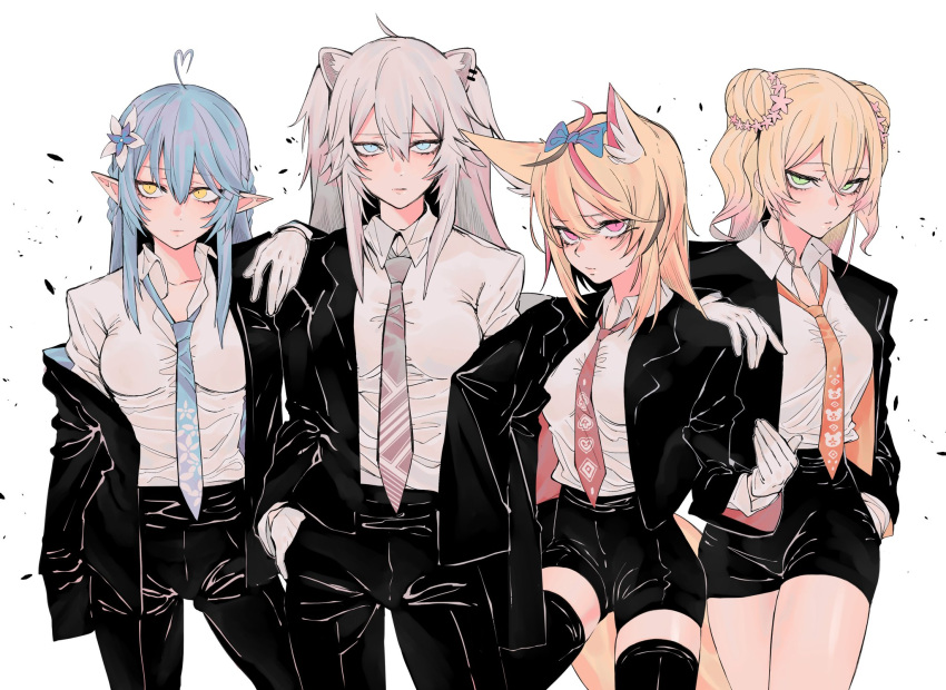 4girls ahoge animal_ears arm_on_shoulder black_hair black_jacket black_legwear black_pants black_shorts black_suit blonde_hair blue_bow blue_eyes blue_neckwear bow breasts closed_mouth collared_shirt commentary cowboy_shot double_bun dress_shirt expressionless eyebrows_visible_through_hair flower formal fox_ears gloves green_eyes hair_between_eyes hair_bow hair_flower hair_ornament hand_in_pocket heart_ahoge high-waist_shorts highres hololive jacket jitome kakult2017 light_blue_hair lion_ears long_hair looking_at_viewer medium_breasts momosuzu_nene multicolored_hair multiple_girls necktie nepolabo off_shoulder omaru_polka open_clothes open_jacket orange_neckwear pant_suit pants partially_unbuttoned pink_eyes pink_hair pointy_ears purple_neckwear red_neckwear shirt shirt_tucked_in shishiro_botan short_shorts shorts side-by-side silver_hair simple_background streaked_hair suit thighhighs two_side_up virtual_youtuber white_background white_gloves white_shirt wing_collar yellow_eyes yukihana_lamy zettai_ryouiki