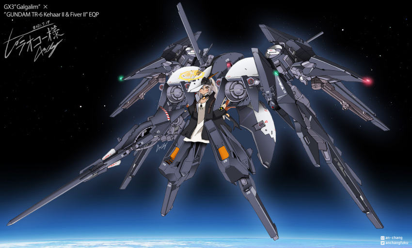 1girl advance_of_zeta an-chang armor character_name commentary_request dark-skinned_female dark_skin earth_(planet) full_body gun gundam halo headgear kehaar_ii looking_at_viewer mecha_musume planet platinum_blonde_hair rifle signature solo space star_(sky) tr-6_woundwort weapon