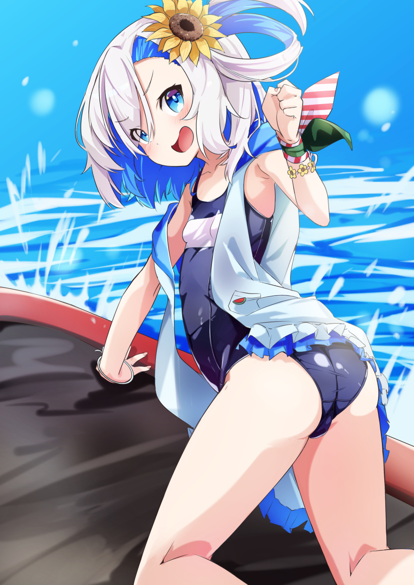 1girl absurdres all_fours ass azur_lane blue_eyes blue_swimsuit bracelet flower from_behind hair_flower hair_ornament highres jewelry leer.meer libeccio_(azur_lane) libeccio_(beachbound_southwestern_wind!)_(azur_lane) multicolored_hair name_tag ocean old_school_swimsuit one_side_up riding school_swimsuit solo swimsuit two-tone_hair vest white_hair