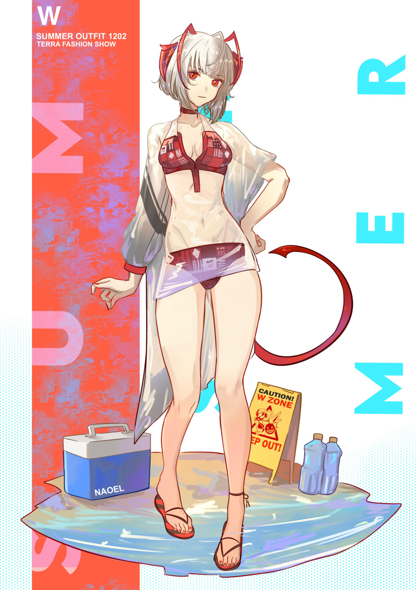 1girl absurdres antenna_hair arknights bare_legs beach bikini bottle breasts character_name cleavage closed_mouth commentary cooler demon_tail english_commentary english_text expressionless full_body grey_hair hand_on_hip highres looking_at_viewer medium_breasts naoel_(naoel_art) navel orange_background red_bikini red_eyes sandals see-through_shirt short_hair sign solo standing standing_on_liquid swimsuit tail w_(arknights) warning_sign white_background