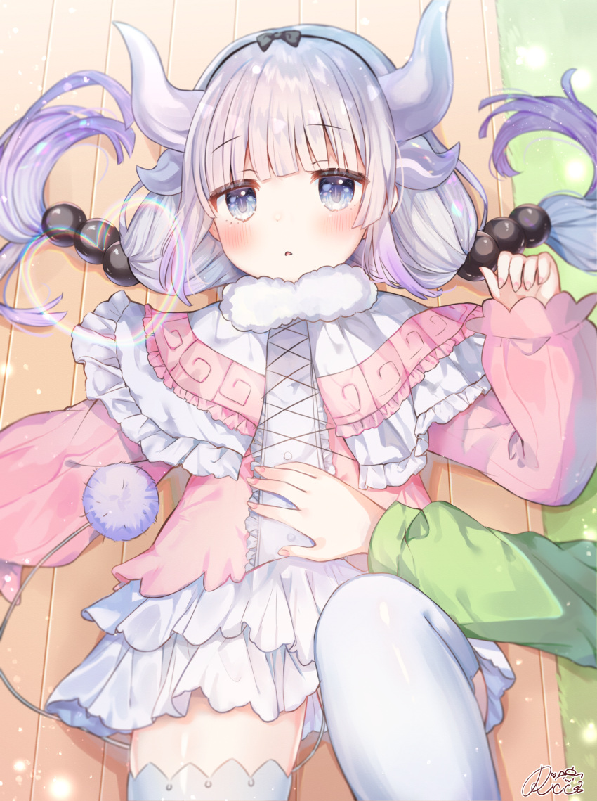 2girls absurdres bangs bench blunt_bangs capelet commentary_request dragon_girl dragon_horns dragon_tail eyebrows_visible_through_hair eyes_visible_through_hair from_above hair_bobbles hair_ornament hairband hand_on_another's_stomach highres horns huge_filesize kanna_kamui knee_up kobayashi-san_chi_no_maidragon long_hair long_sleeves looking_at_viewer looking_up low_twintails lying multiple_girls out_of_frame park_bench parted_lips rukako saikawa_riko sidelocks tail thighhighs twintails white_hair white_legwear zettai_ryouiki