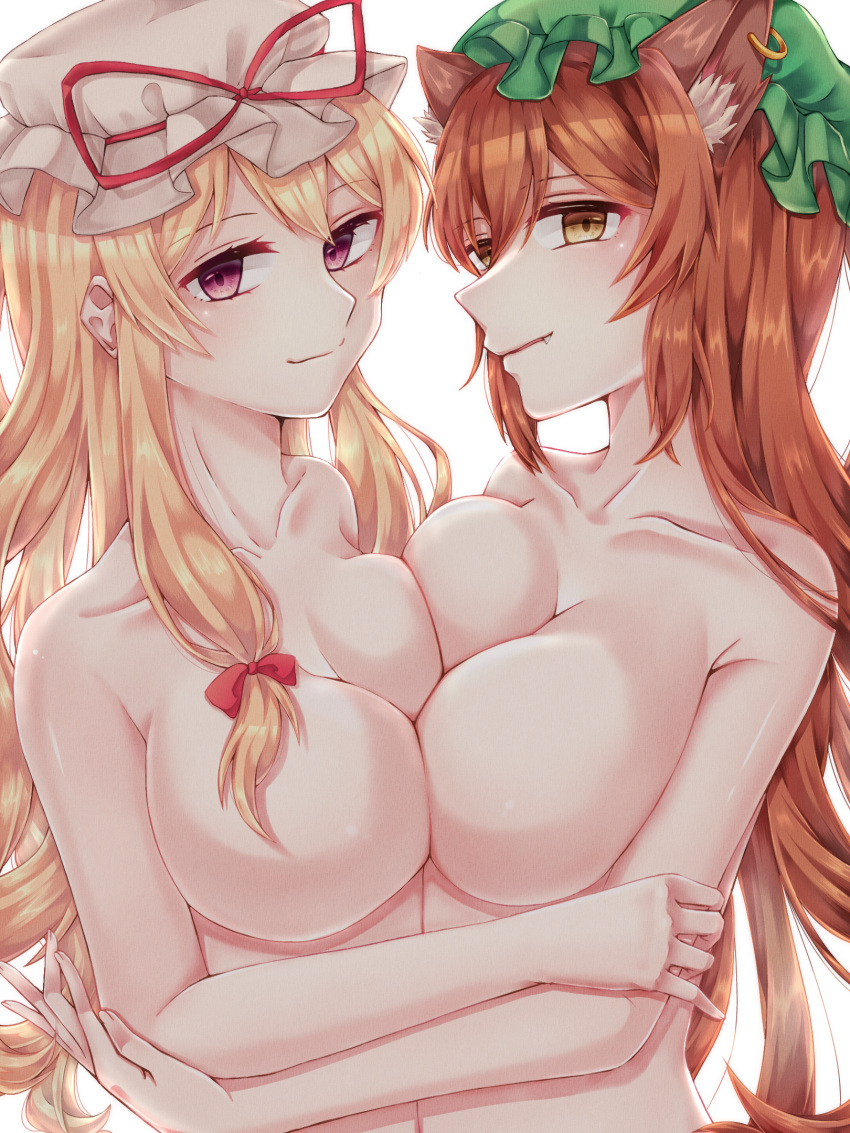 2girls animal_ear_fluff animal_ears asymmetrical_docking bangs blonde_hair bow breast_press breasts brown_eyes brown_hair cat_ears chen closed_mouth commentary_request completely_nude earrings eyebrows_visible_through_hair fang fang_out green_headwear hair_bow hair_ribbon hat highres jewelry large_breasts light_blush long_hair looking_at_viewer mayor mob_cap multiple_girls nude older purple_eyes red_bow ribbon shadow simple_background single_earring smile touhou tress_ribbon upper_body very_long_hair white_background white_headwear yakumo_yukari yuri