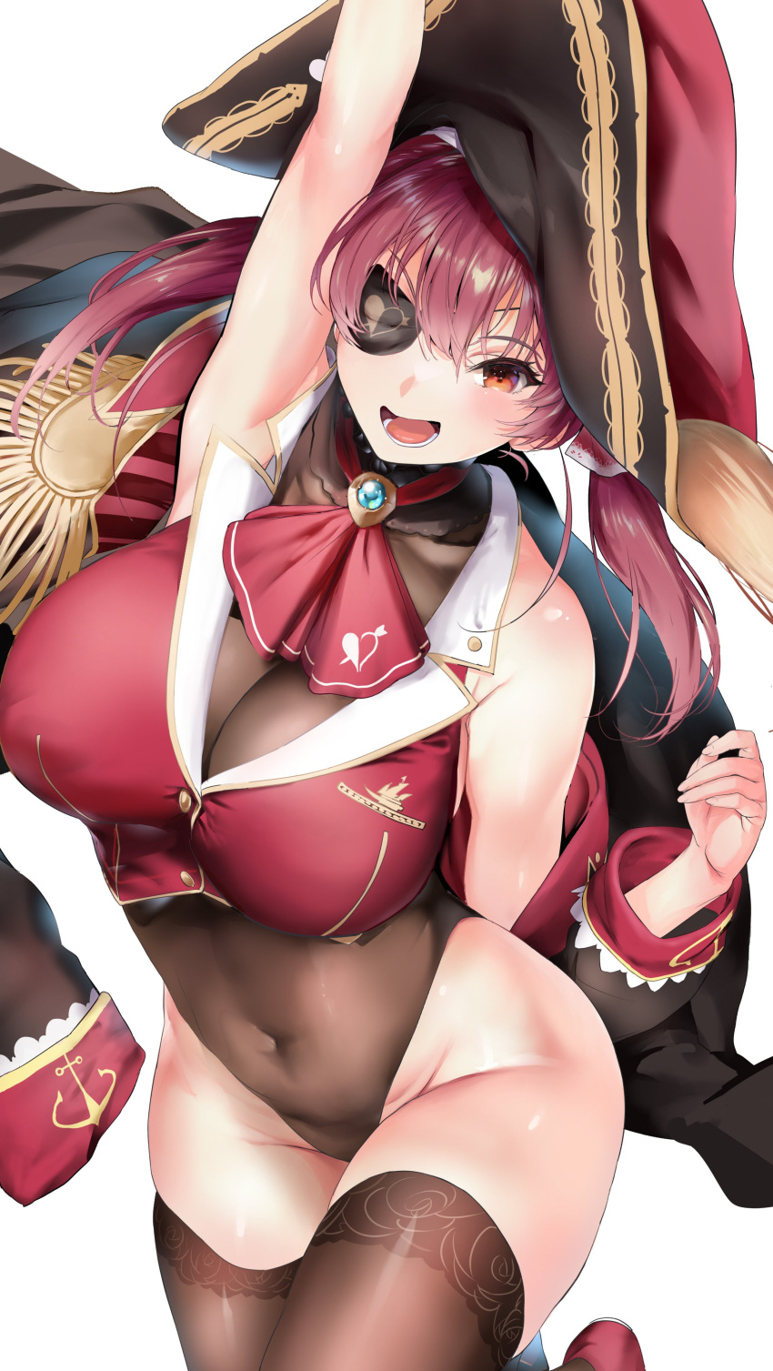 1girl absurdres bangs bicorne black_coat black_eyepatch blush breasts coat eyepatch hair_ribbon hat highres hololive houshou_marine large_breasts leotard long_hair looking_at_viewer off_shoulder open_mouth red_eyes red_hair red_ribbon ribbon sheer_leotard shino_(comic_penguin_club) smile solo thighhighs thighs twintails virtual_youtuber