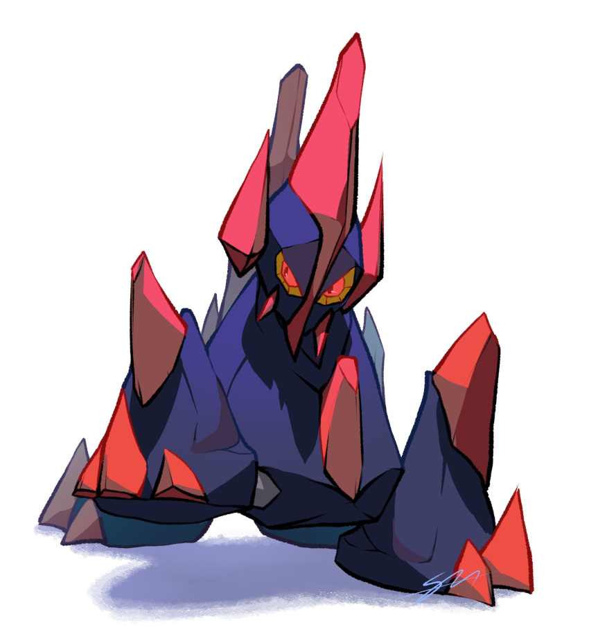 commentary english_commentary full_body gen_5_pokemon gigalith highres leg_up likey no_humans orange_eyes pokemon pokemon_(creature) signature solo standing white_background