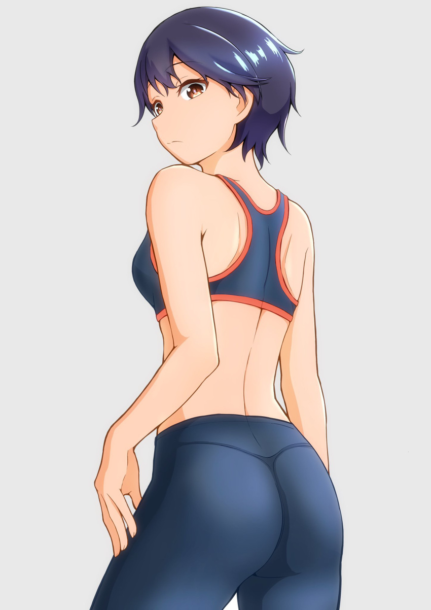 1girl :/ ass back bangs bare_arms bare_shoulders blue_pants blue_sports_bra breasts brown_eyes commentary contrapposto cowboy_shot from_behind highres looking_at_viewer looking_back midriff original pants pantylines purple_hair short_hair shoulder_blades simple_background small_breasts solo sora-wo-tomo sports_bra standing thong yoga_pants