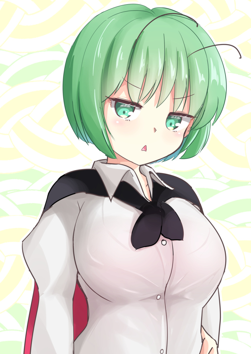 1girl adda alternate_breast_size antennae bangs black_cape blush breasts cape collared_shirt commentary eyebrows_visible_through_hair green_eyes green_hair highres large_breasts looking_at_viewer one-hour_drawing_challenge open_mouth red_cape shirt short_hair solo touhou triangle_mouth two-sided_cape two-sided_fabric upper_body white_shirt wriggle_nightbug