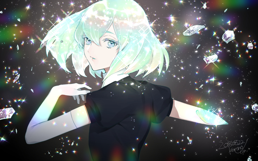 1other amputee androgynous blue_eyes commentary_request crystal_hair diamond_(houseki_no_kuni) elbow_gloves eyebrows_visible_through_hair from_behind gem_uniform_(houseki_no_kuni) gloves highres houseki_no_kuni kurono_yuu looking_at_viewer looking_back missing_limb multicolored multicolored_hair open_mouth rainbow_hair shirt short_hair short_sleeves signature solo sparkle