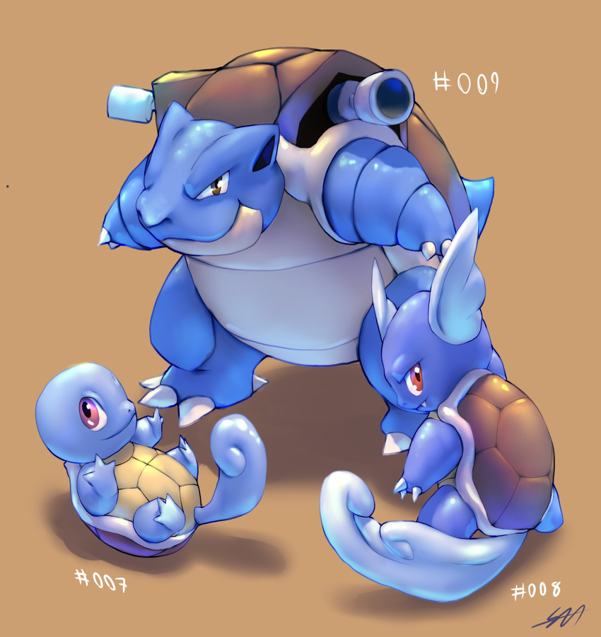 absurdres blastoise claws closed_mouth commentary english_commentary fang fang_out gen_1_pokemon highres likey looking_at_viewer lying no_humans number on_back pokedex_number pokemon pokemon_(creature) smile squirtle standing wartortle