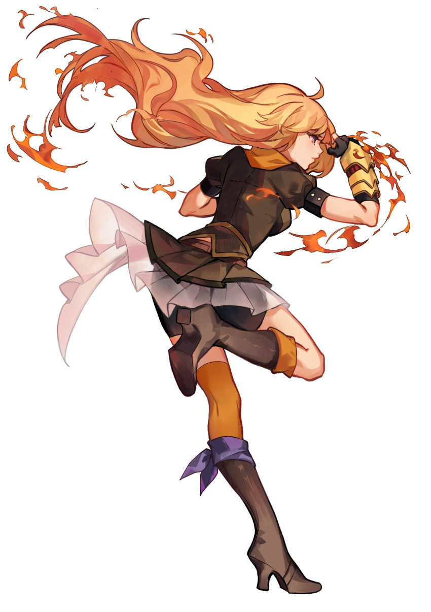1girl absurdres blonde_hair boots brown_footwear brown_jacket brown_skirt clenched_hand english_commentary fire floating_hair from_side highres jacket kaneblob long_hair official_art rwby skirt solo standing standing_on_one_leg waist_cape yang_xiao_long yellow_eyes