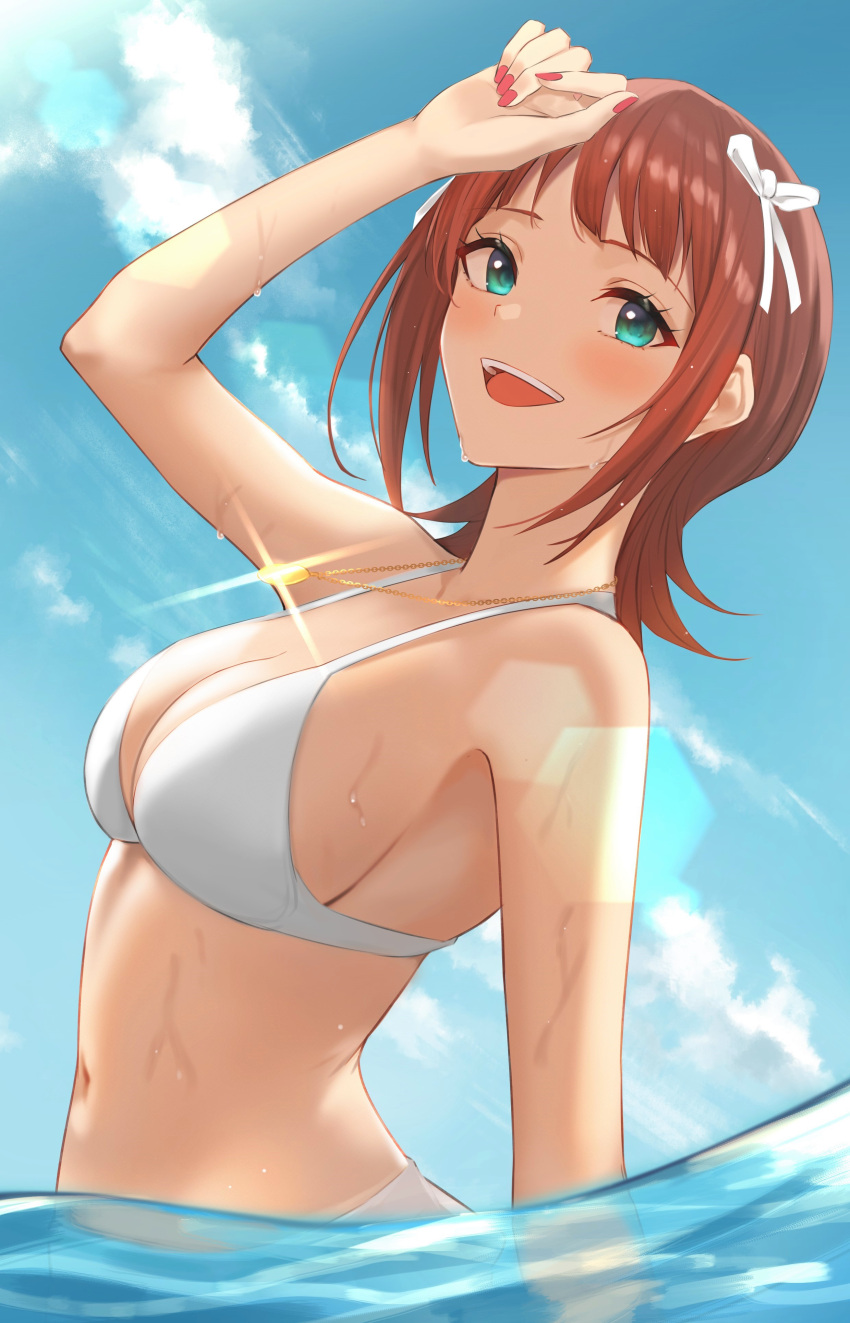 1girl :d absurdres amami_haruka arm_up bangs bare_arms bare_shoulders bikini blue_sky blush breasts brown_hair cleavage cloud day fingernails from_side glint greyscale hair_ribbon highres idolmaster idolmaster_(classic) jewelry lens_flare long_fingernails looking_at_viewer looking_to_the_side medium_breasts monochrome navel necklace open_mouth outdoors red_nails renzu_(lens_02) ribbon short_hair sky smile solo stomach swimsuit upper_body upper_teeth water white_bikini white_ribbon